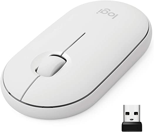 Logitech Pebble Wireless Mouse, Bluetooth or 2.4 GHz with USB Mini-Receiver, Silent, Slim Computer Mouse with Quiet Click for Laptop/Notebook/PC/Mac - White