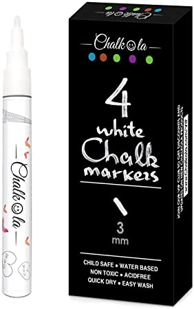 Fine Tip White Chalk Pens - Pack of 4 Chalk Markers - Use on Chalkboard, Windows, Blackboard, Signs, Glass, Bistro - Water Based Wet Wipe erasable Pen - 3mm Reversible Bullet & Chisel Tip