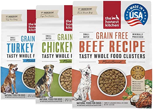 Stock Your Home Grain Free Whole Food Clusters Pet Food Variety Pack (3, 1 lb Bags) 1 Cage Free Chicken, 1 Cage Free Turkey, 1 Ranch Raised Beef - by The Honest Kitchen