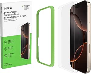 Belkin ScreenForce TemperedGlass Treated Screen Protector for iPhone 16 Pro - Slim & Scratch-Resistant - Includes Easy Align Frame for Bubble Free Application - 2-Pack