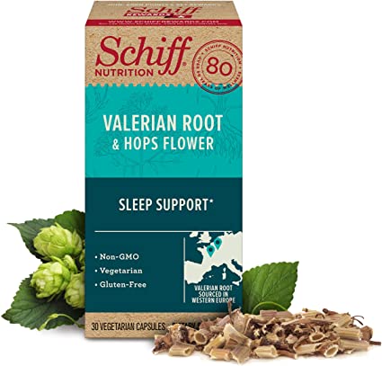 Valerian Root Extract & Hops Flower Vegetarian Capsules, Schiff (30 Count in a Bottle), Gluten-Free & Non-GMO Supplement, Helps Support Sleep٭, GABA, Brain Neurotransmitter, Herbs