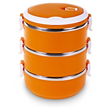 Huswell Tiffin Lunch Box, 3 Layer, Stainless Steel, Orange