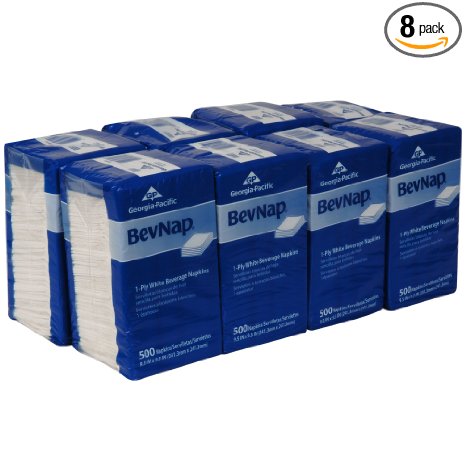 Georgia-Pacific BevNap 96019 White 1-Ply Beverage Napkin, 9.5" Length x 9.5" Width (Case of 8 Poly Packs, 500 Per Pack)