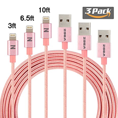 ZGEM 3Pack 3FT 6.5FT 10FT Nylon Braided Data Sync Charging Cable Cord For iPhone 7, 7 plus, 6, 5, iPad Air Mini Pro on iOS10 (Rose-Gold)