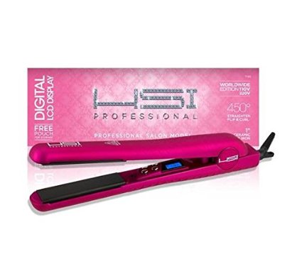 HSI Professional Digital Ceramic Tourmaline Ionic Flat Iron Hair Straightener with Glove Pouch and Argan Oil Treatment Pink