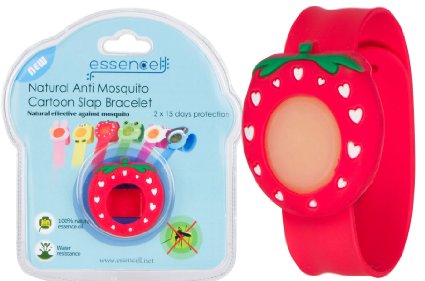 All Natural Mosquito Repellent Cartoon Slap Bracelet For Kids, Best Safe Bug & Insect Repellents By Essencell - DEET FREE, Waterproof, No Spray  2x Refills - Protection up to 30 days- Red Straw Berry