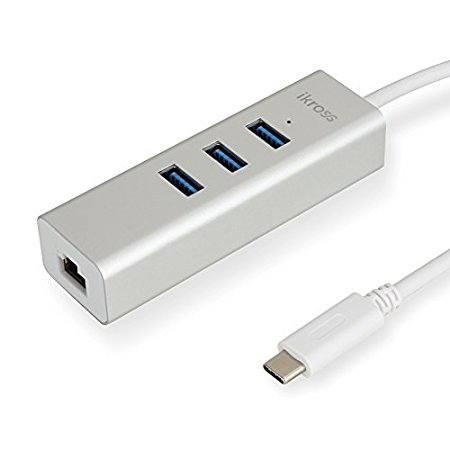 USB 3.1 Type C Hub, iKross USB 3.1 Type C to 3-Port USB 3.0 Hub w/Ethernet Adapter for The New MacBook 12inch, ChromeBook Pixel, ASUS Zenbook 3 and More