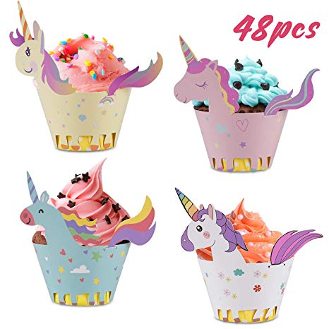 Unicorn Cupcake Wrappers   Toppers, Cute Cake Decorations for Girl Birthday Party Supplies, Baby Shower 4 Styles Set of 48- By Vajeme