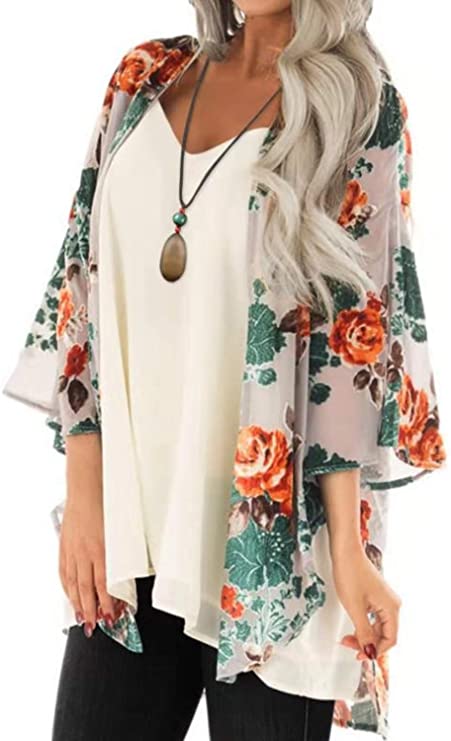 BB&KK Women's Floral Kimono Cardigans Chiffon Casual Loose Open Front Cover Ups Tops