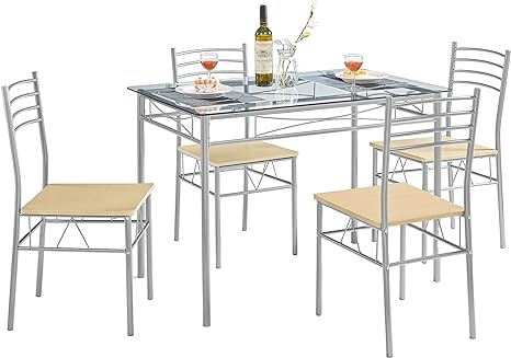 VECELO 5 Piece Dining Table Set for 4 with Chairs, Glass Top, Small Space, Silvery