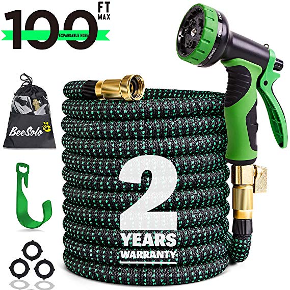 100ft Expandable Garden Hose Expanding Water Hoses, Outdoor Yard Cloth Hose can 3X Expandable with 100% Solid Brass Valve 9 Function Hose Nozzle,100feet Flexible Lightweight Gardening Hoses No Kink