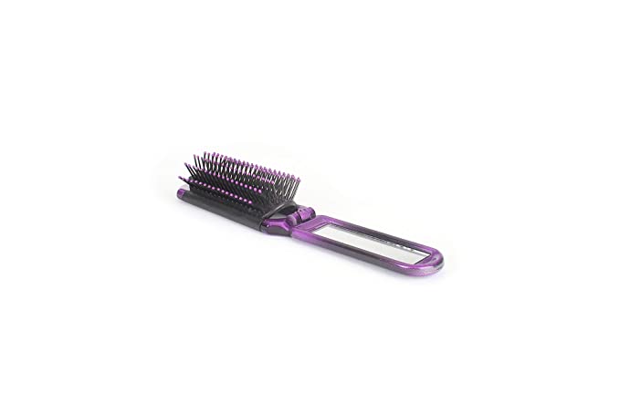 The Travel Brush | Style & Detangle Hair Brush | Professional Grade Nylon Pins  |   High Polish Acrylic Handle | Fold Up Design with Mirror Handle | Amethyst Burst Finish   | Model 703 - AMF
