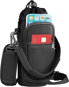 EcoEarth Water Bottle Holder w/Strap (32 oz, Black), Water Bottle Carrier Bag for Hiking, Convenient Crossbody Bottle Pouch w/Phone Holder, Water Bottle Sleeve w/Padded Shoulder Strap