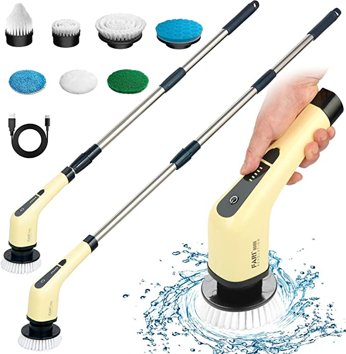 Electric Spin Scrubber, FARI Cordless Cleaning Brush with 7 Replaceable Brush Heads, Tub and Floor Tile 360 Power Scrubber Mop with Adjustable Handle for Bathroom Kitchen Car (Yellow)