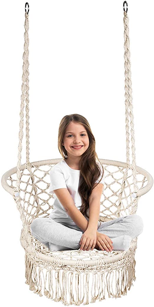 COSTWAY Hammock Swing Chair, Hanging Cotton Rope Macrame Chairs for Outdoor & Indoor, Garden Patio Balcony Living Room Tassels Swing Seat, Max. Load Capacity 160kgs (Beige)