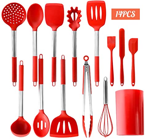 PENGWING Silicone Kitchen Utensil Set, 14PCS Silicone Cooking Utensils with Stainless Steel Handle, Non-stick Heat Resistant Kitchen Utensil Set, Red Utensil Set