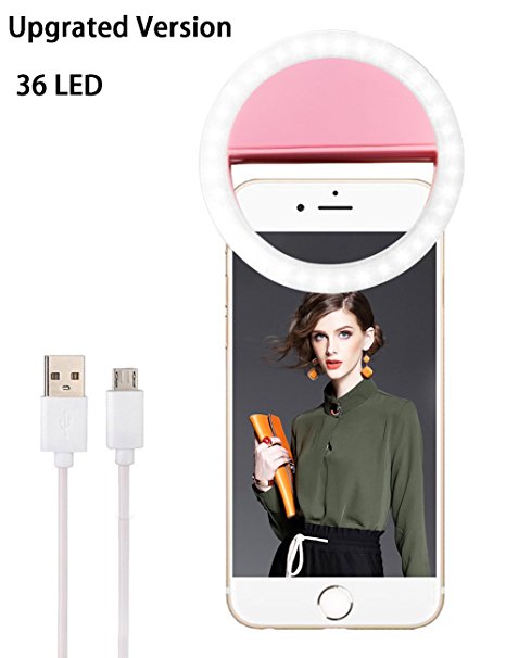 Selfie Ring Light,Advaka Rechargeable 3-Level Brightness Lighting Cmaera 36 LED Clip On Ring Light for iPhone X,8,Samsung Galaxy S7/S6 Edge,Sony,Blackberry,Motorla other Smart Phone(Pink)