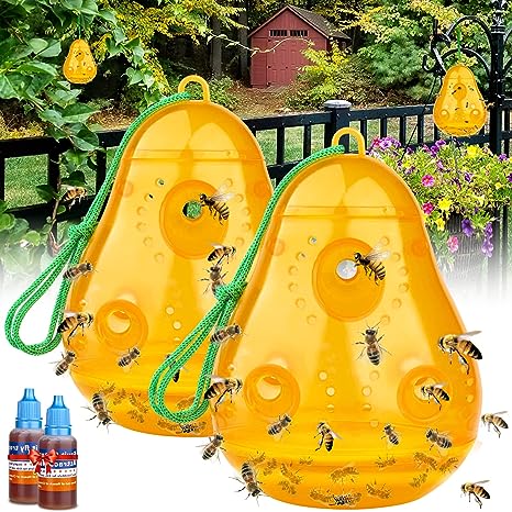 Wasp Trap Outdoor Hanging, Wasp Bee Traps Repellent Outdoor Wasp Deterrent Killer Insect Catcher, Non-Toxic Reusable Hornet Traps Yellow Jacket Traps Outdoor Hanging (2 Pack, Pear Shape)