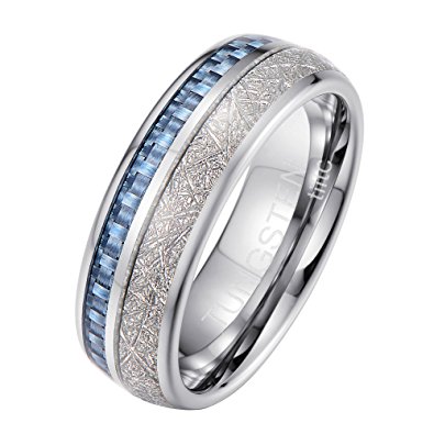 Tiitc Rings for Men Women Tungsten Carbide Meteorite with Blue Carbon Fiber Wedding Engagement Band 8mm
