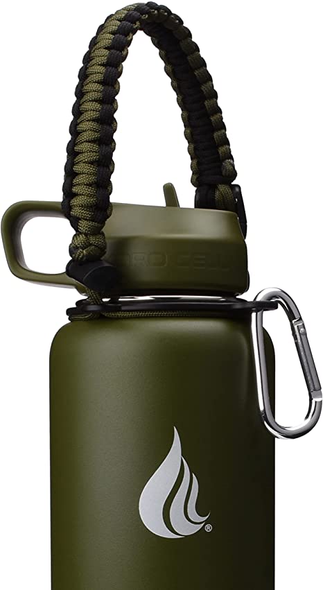 HYDRO CELL Wide Mouth Paracord Handle - Strap Carrier with Safety Ring and Carabiner. Compatible with 14, 18, 24, 32, 40, and 64 oz Stainless Steel Water Bottles