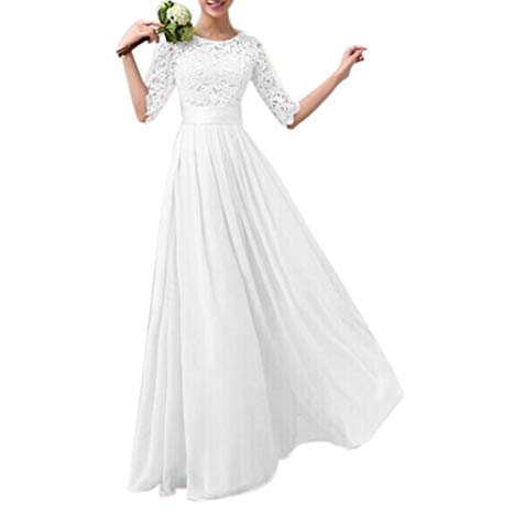 Kalin L Women Crochet Half Sleeve Lace Top Chiffon Wedding Bridesmaid Gown Prom Dress