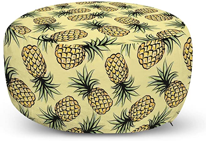 Lunarable Pineapple Ottoman Pouf, Digitally Generated Fruit Silhouettes Summer Time Healthy Items, Decorative Soft Foot Rest with Removable Cover Living Room and Bedroom, Pale Yellow Pale Green