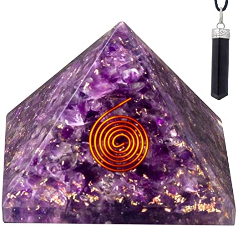 Bliss Creation Orgone Pyramid Ameythyst Healing Stone Energy Generator EMF Protection | Made for Ultimate Orgone Energy with Raw Black Tourmaline Crystal Healing Pendant Necklace (Amethyst)