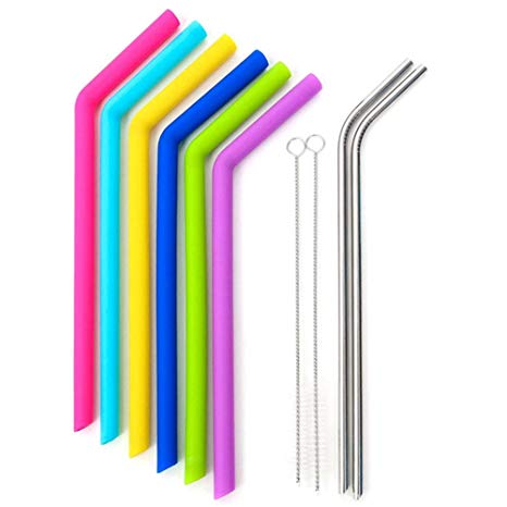 Big Reusable Straws for 30 oz Tumblers - Reusable Silicone Drinking Straws - 6 Silicone Straws   2 Stainless Steel Straws  2 Brushes -Extra long Flexible Straws with Cleaning Brushes - Bpa-free - No