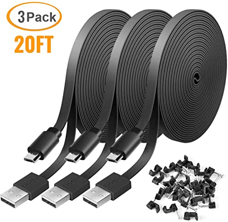 3 Pack 20FT Power Extension Cable Compatible with WyzeCam, Wyze Cam Pan, NestCam Indoor,Blink, Yi Camera,Amazon Cloud Camera,USB to Micro USB Durable Charging and Data Sync Cord (Black)