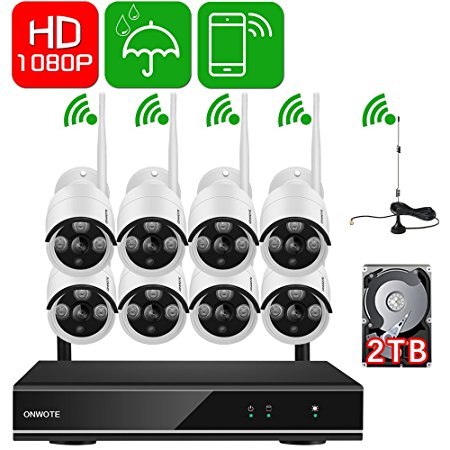 [1080P HD Auto-Pair Wireless] ONWOTE 8 Channel 1080P Outdoor Wireless Security Camera System with 2TB Hard Drive and 8 HD Night Vision 2.0 MP WiFi IP Surveillance Cameras