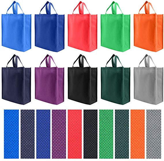 Reusable Grocery Tote Bag Large 10 Pack - 10 Color Variety
