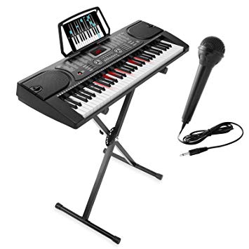 Hamzer 61-Key Electronic Keyboard Portable Digital Music Piano with Lighted Keys, X Stand, Microphone & Sticker Set