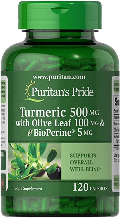 Puritan's Pride Turmeric 500 mg with Olive Leaf 100 mg & Bioperine 5 mg, Supports Overall Well-Being, 120 Capsules