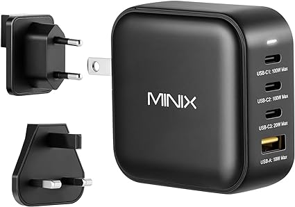 MINIX 100W USB C Charger, NEO P3 Turbo 4-Ports GaN Wall Charger, 3 x USB-C Port Fast Charging Adapter(Max 100W/20W), 1 USB-A (Max 18W). Compatible with MacBook Pro Air, Smart Phone,Laptop and More.