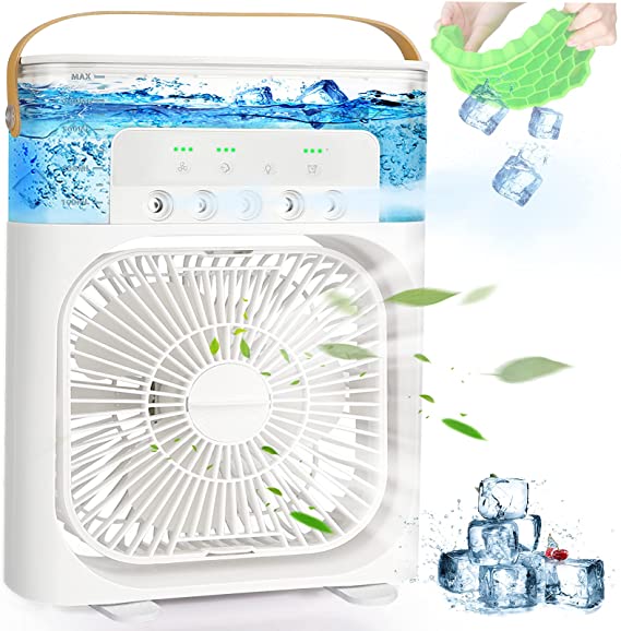 Portable Air Conditioner Fan, 4 in 1 900ML Water Tank Cooling Fan Personal Air Cooler, 1/2/3 H Timer USB Desk AC Cooling Fan with 7 Colors LED Light, 5 Sprays, 3 Wind Speeds Modes for Office Home