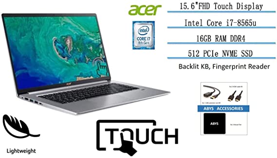 Acer Swift 5 15.6” FHD WLED Touch Lightweight Laptop, Intel Quad Core i7-8565U up to 4.6GHz, 16GB DDR4, 512GB PCIe SSD, Backlit KB, Fingerprint Reader, Webcam, HDMI, WiFi, BT, Windows 10, ABYS Bundle