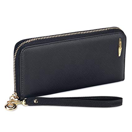 COCASES Ladies Purses PU Leather RFID Blocking Wristlet Zipped Clutch Wallet for Women in Black