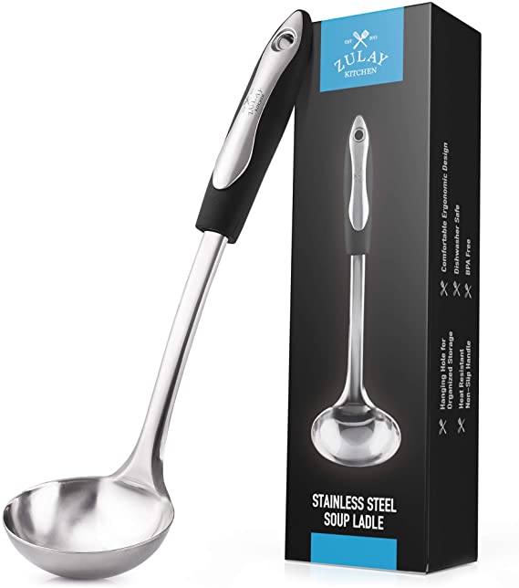 Zulay (12 inch) Stainless Steel Soup Ladle - Durable Rust Proof Soup Ladle With Ergonomic Handle - Soup Serving Spoon Ladles For Cooking, Gravy, Sauces, and More