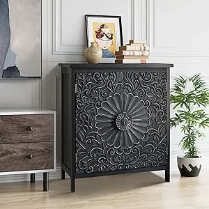 Sophia & William 2-Door Accent Cabinet, Distressed Storage Cabinet with 2 Carved Doors and Wooden Frame for Entryway, Living Room, Black