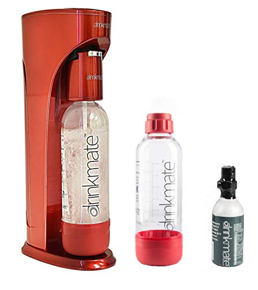 Drinkmate Beverage Carbonation Maker with 3 oz Cylinder Includes Two BPA-free Carbonation bottles, 1Litre and half litre bottles (Red)