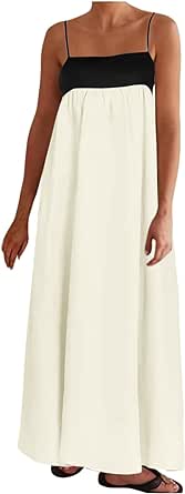 Womens Linen Maxi Dress Contrast Trim Spaghetti Straps Summer Outfits Sleeveless Long Dresses Travel Vacation