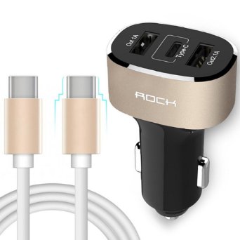 [USB Type-C Car Charger Adapter], Rock® 5V/5A Charge 2 USB   1 Type-C Outputs (Gold)   [USB-C to USB C Cable], 3.3ft Type-C to Type C 3A High Speed Synchronization Data Charging Cord Cable (Gold)