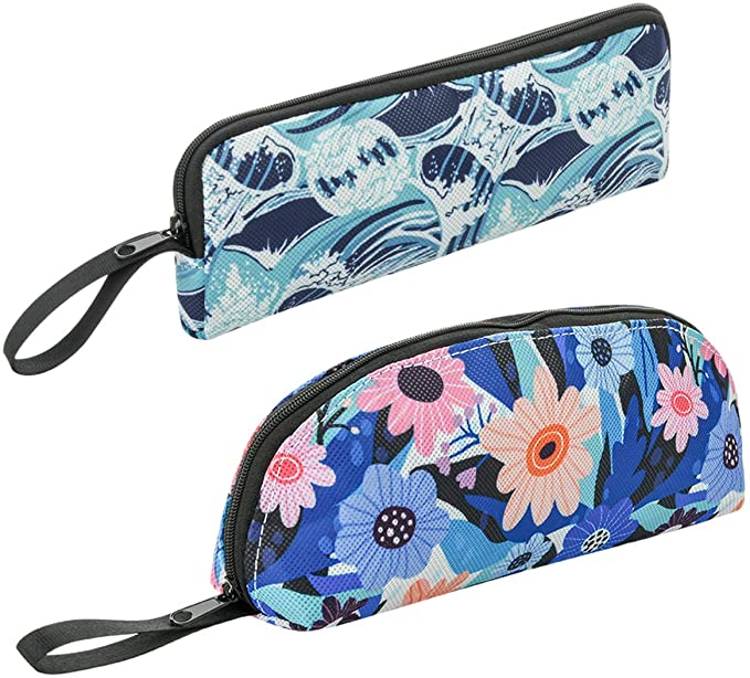 Pack of 2 Pen Case Pencil Bag, Classic Pattern Non-Woven Big Capacity Zipper Pen Holders Cosmetic Makeup Pouch with Strap (Pattern A)