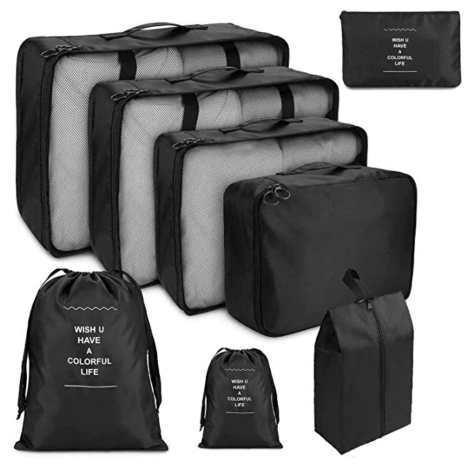 Suneed 8 Pcs Compression Packing Cubes for Travel, Foldable Travel Organizer Cubes for Suitcase Carry On, Lightweight Luggage Storage Bag (Black)