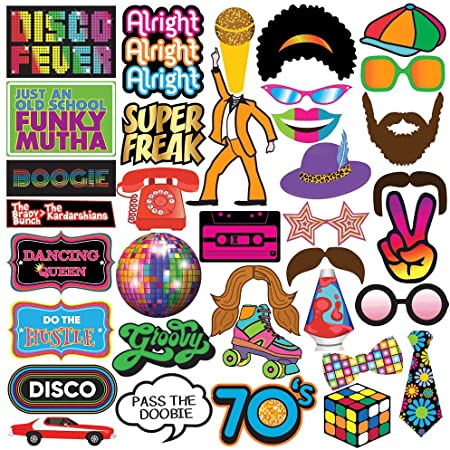 70's Disco Party Photo Booth Party Props - 40 Pieces - Funny 70's Disco Party Supplies, Decorations and Favors