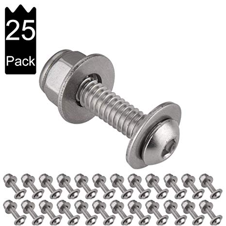 JQK 1/4-20 x 1 Button Head Socket Cap Screws, Allen Socket Drive,1/4 x 5/8 OD Fender Flat Washer, 1/4-20 Lock Nut with Nylon Insert Sets, 304 18-8 Stainless Steel, 25 Pack, SNS100-P25