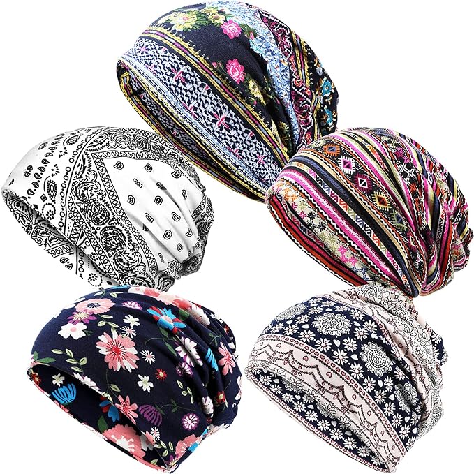 5 Pieces Women's Slouchy Beanie Hat Stretch Turban Hats Cancer Headwear Caps Baggy Skull Sleep Scarf