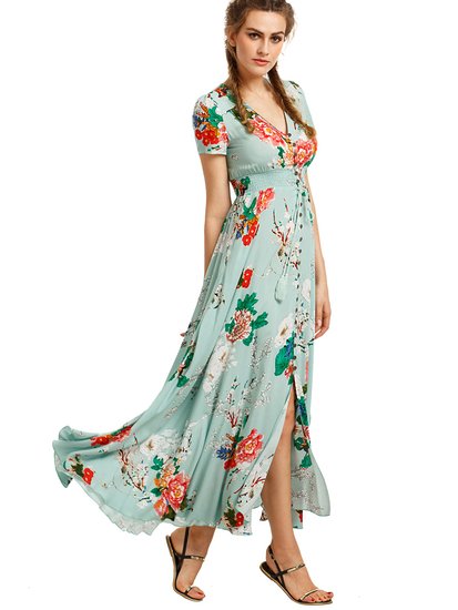 Milumia Women's Button Up Split Floral Print Flowy Party Maxi Dress