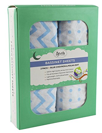 Bassinet Sheets 2 Pack 100% Jersey Cotton Baby Blue Chevron and Polka Dots by Ely's & Co