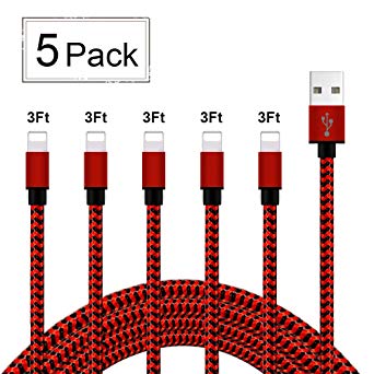 iPhone Charger,MFi Certified Lightning Cable 5 Pack [3 FT] Extra Long Nylon Braided USB Charging & Syncing Cord Compatible with iPhone Xs/Max/XR/X/8/8Plus/7/7 Plus/6S/6S Plus/iPad and More[Black&Red]